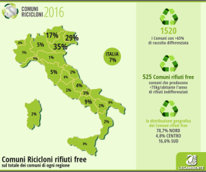 La mappa dei comuni "ricicloni" nel 2016 (clicca sull'immagine per ingrandirla)